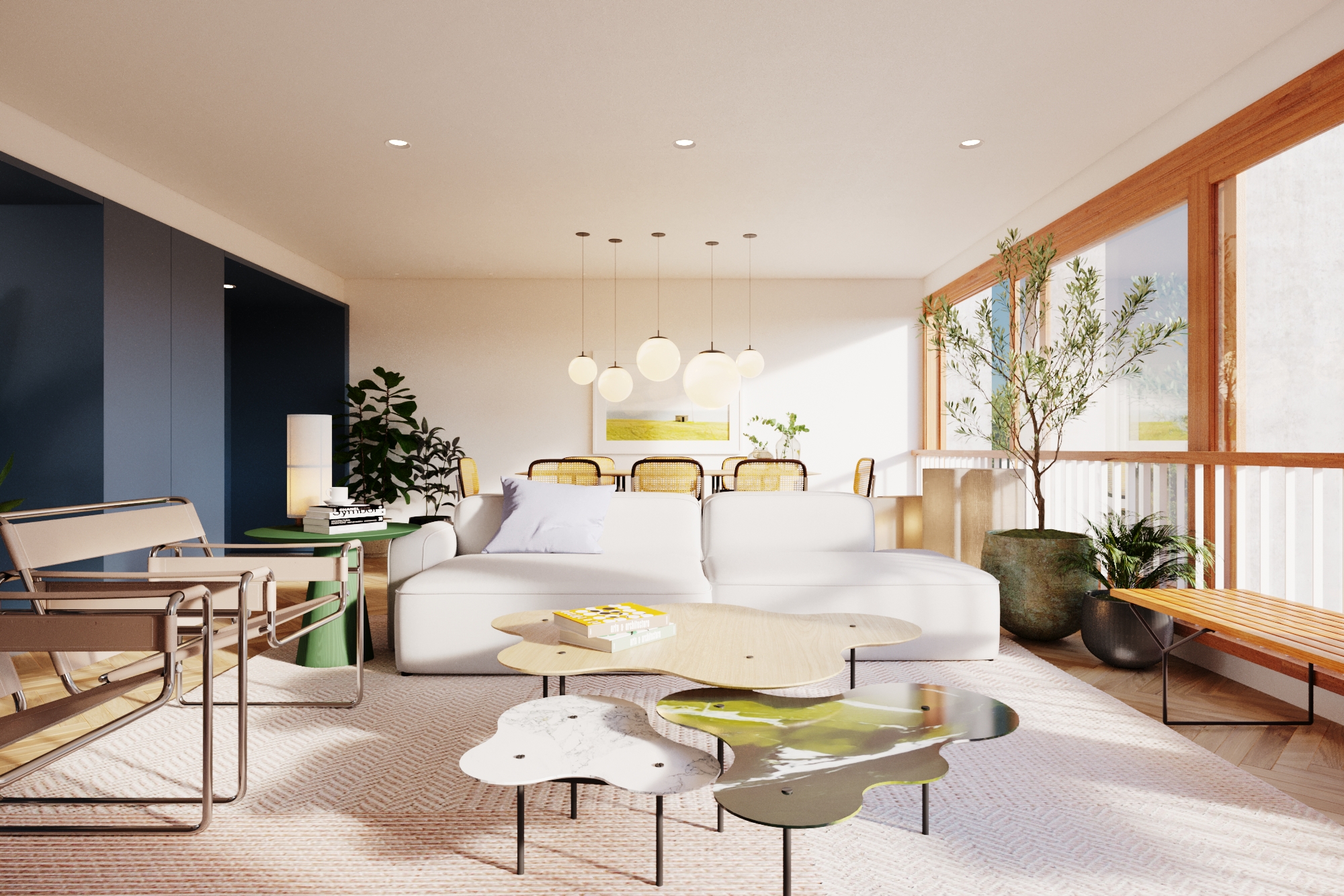 Helvetia Apartment living room with white sofa, sculptural tables and sunlit windows